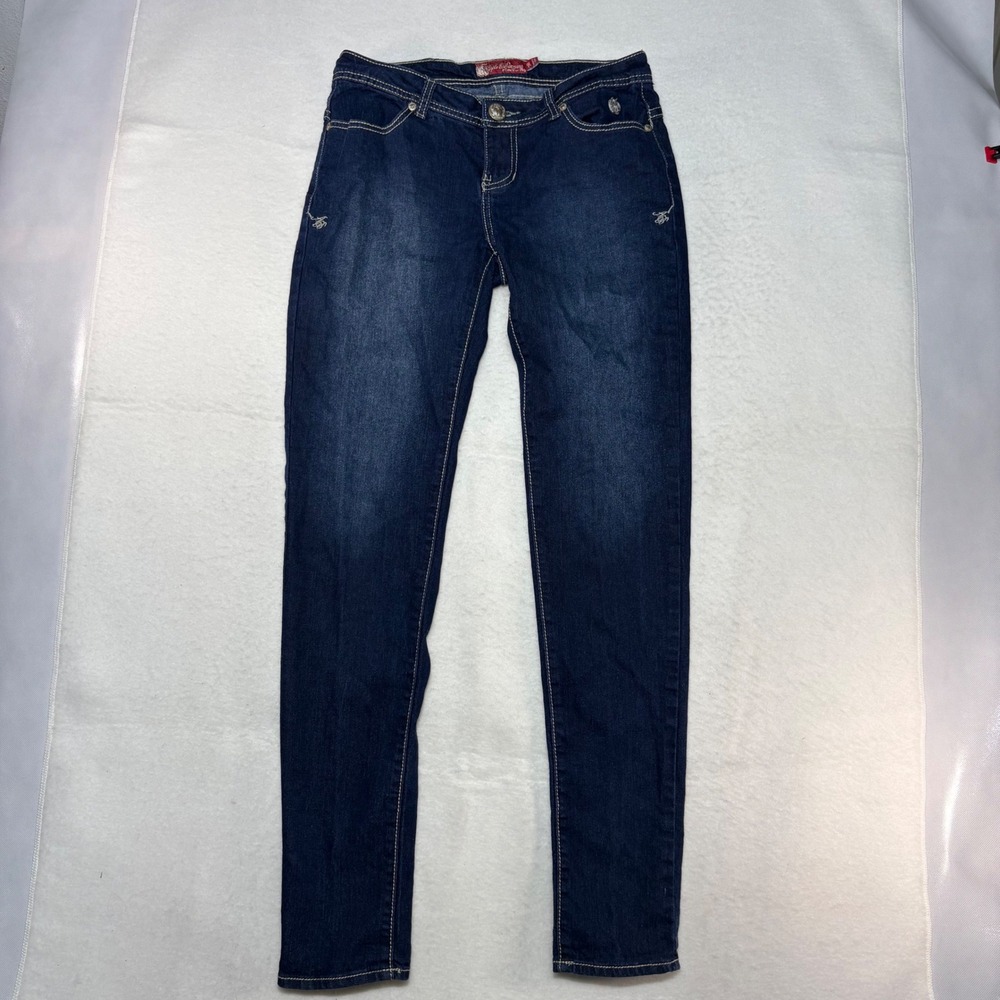 Apple Bottoms Dark Wash Skinny Jeans Embroidered Rhinestone Pockets Size 7/8 Y2K